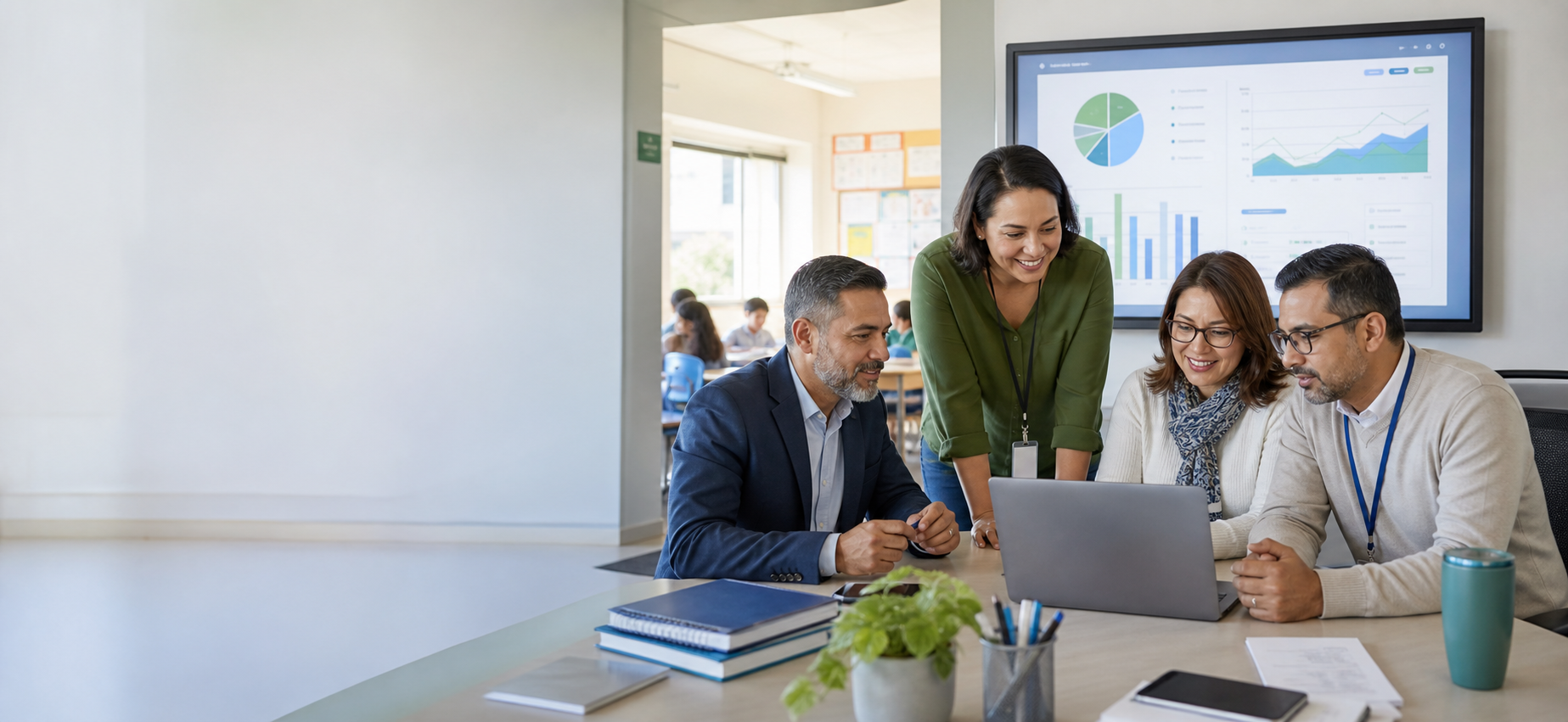 Equipo escolar usando GoLearn para revisar datos academicos